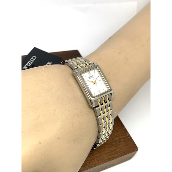 Citizen Women's Watch EJ5854-56A Quartz White Dial Two Tone Steel Tank Petite - Picture 6 of 14